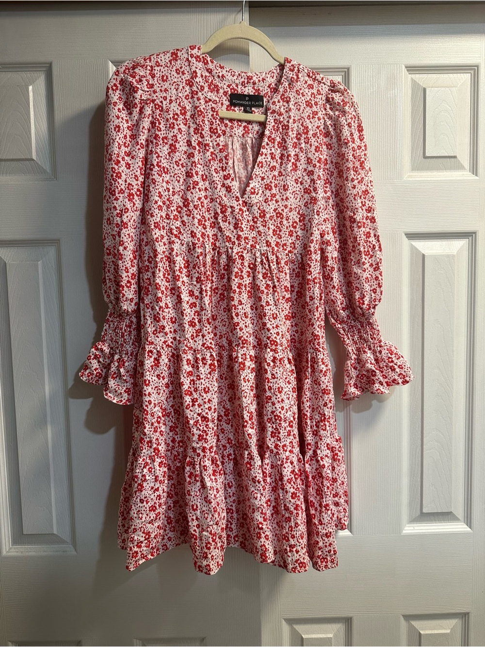 Pomander Place Red & White Floral Tiered Mini Dress